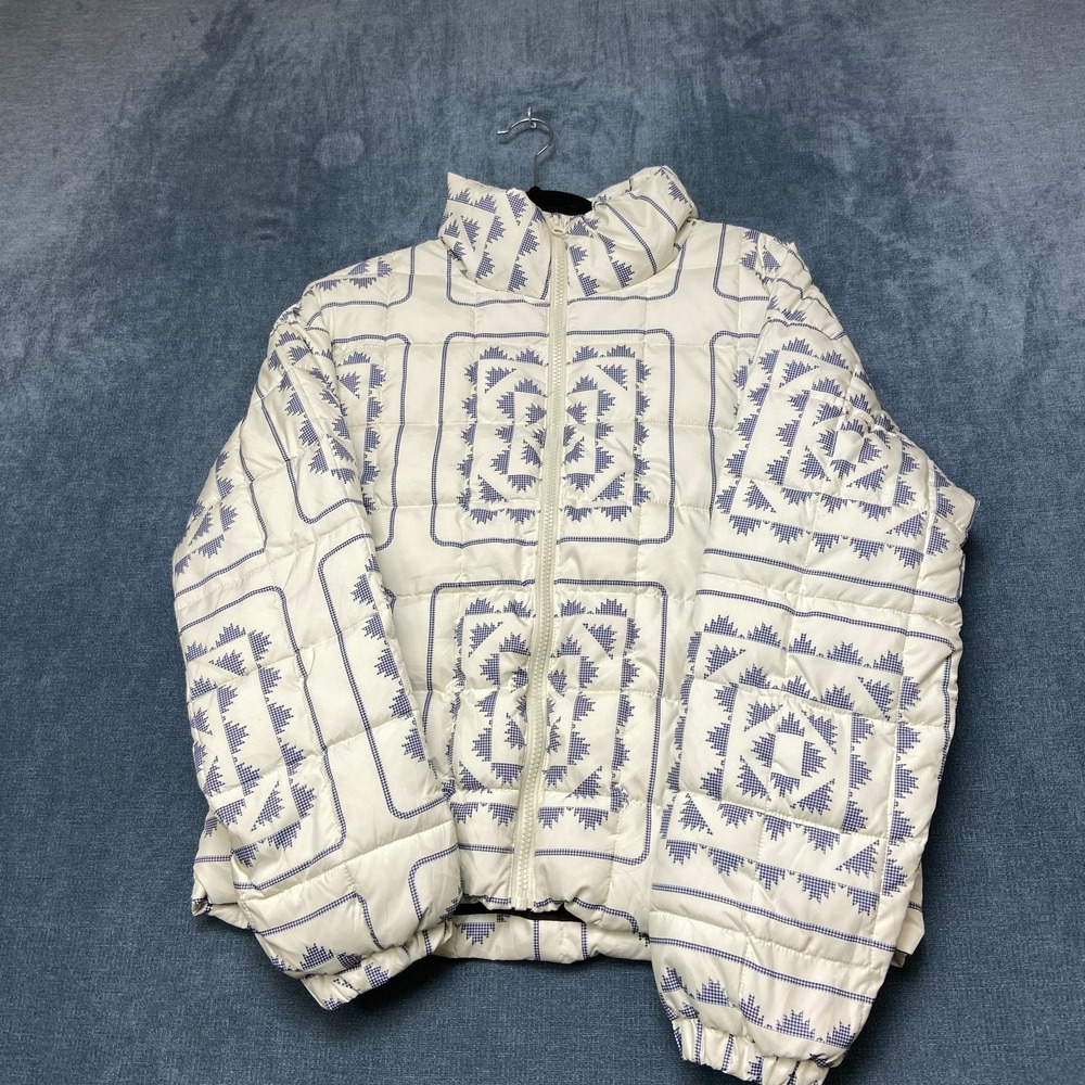 Stoic Printed Quilted Puffer Jacket Womens Small White Blue Full Zip Mock Neck